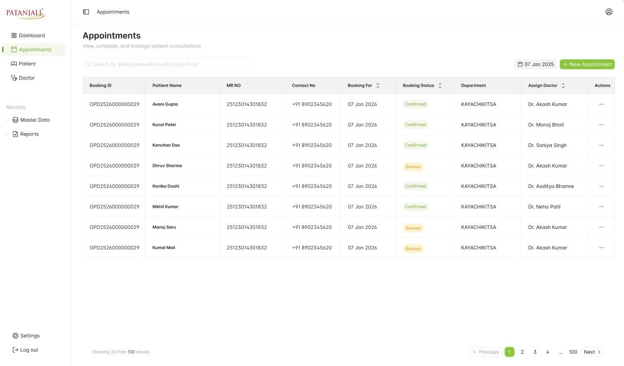 Appointments table with booking ID, MR number, booking status, department and assigned doctor