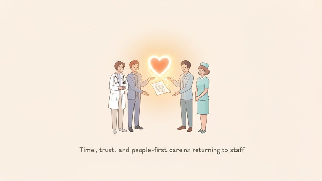 Four people, including a doctor and nurse, exchange a glowing heart and document, symbolizing care and trust.