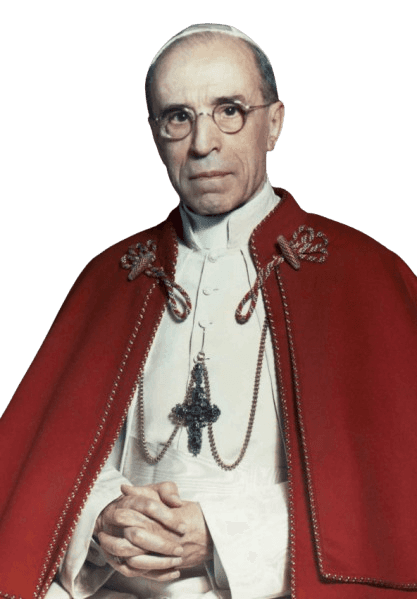 A formal portrait of Pope Pius XII, dressed in his papal robes with a red mantle adorned with gold accents and a large crucifix. He wears round glasses and a white zucchetto, sitting with his hands clasped in a calm and composed posture. His serious expression reflects the gravity of his papacy, which spanned the challenging years of World War II and the early Cold War era.