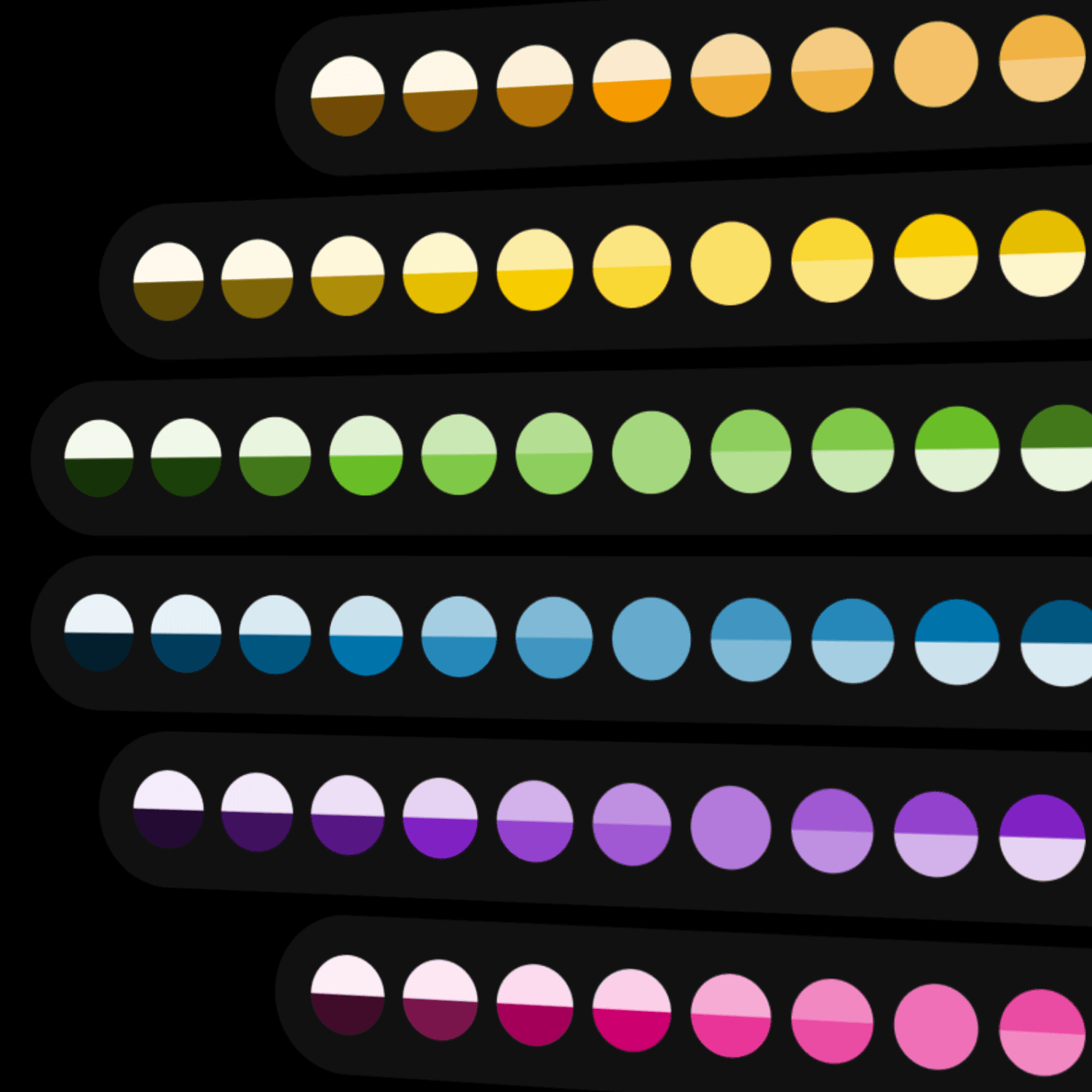 Sechs waagerechte Reihen mit jeweils acht nebeneinander angeordneten Farbfeldern auf schwarzem Hintergrund. Jede Reihe zeigt eine eigene Farbfamilie, von oben nach unten: Gelb- und Orangetöne, Grüntöne, Blautöne, Violetttöne und Rosatöne. Die Farbfelder sind kreisförmig und gleich groß. Die Anordnung und Vielfalt der Farben deuten auf eine für Benutzeroberflächen definierte Farbpalette hin.