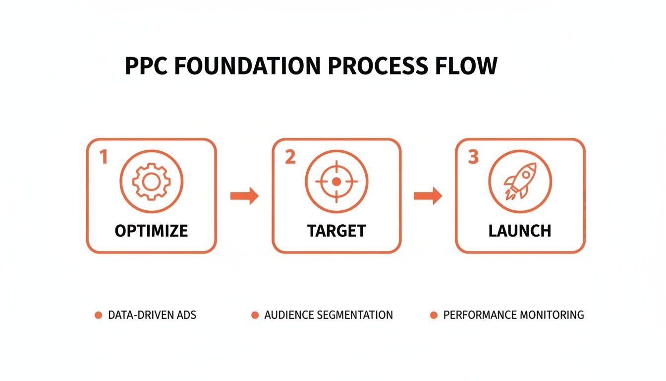 PPC foundation process flow illustrating three key steps: Optimize, Target, and Launch with essential sub-points.