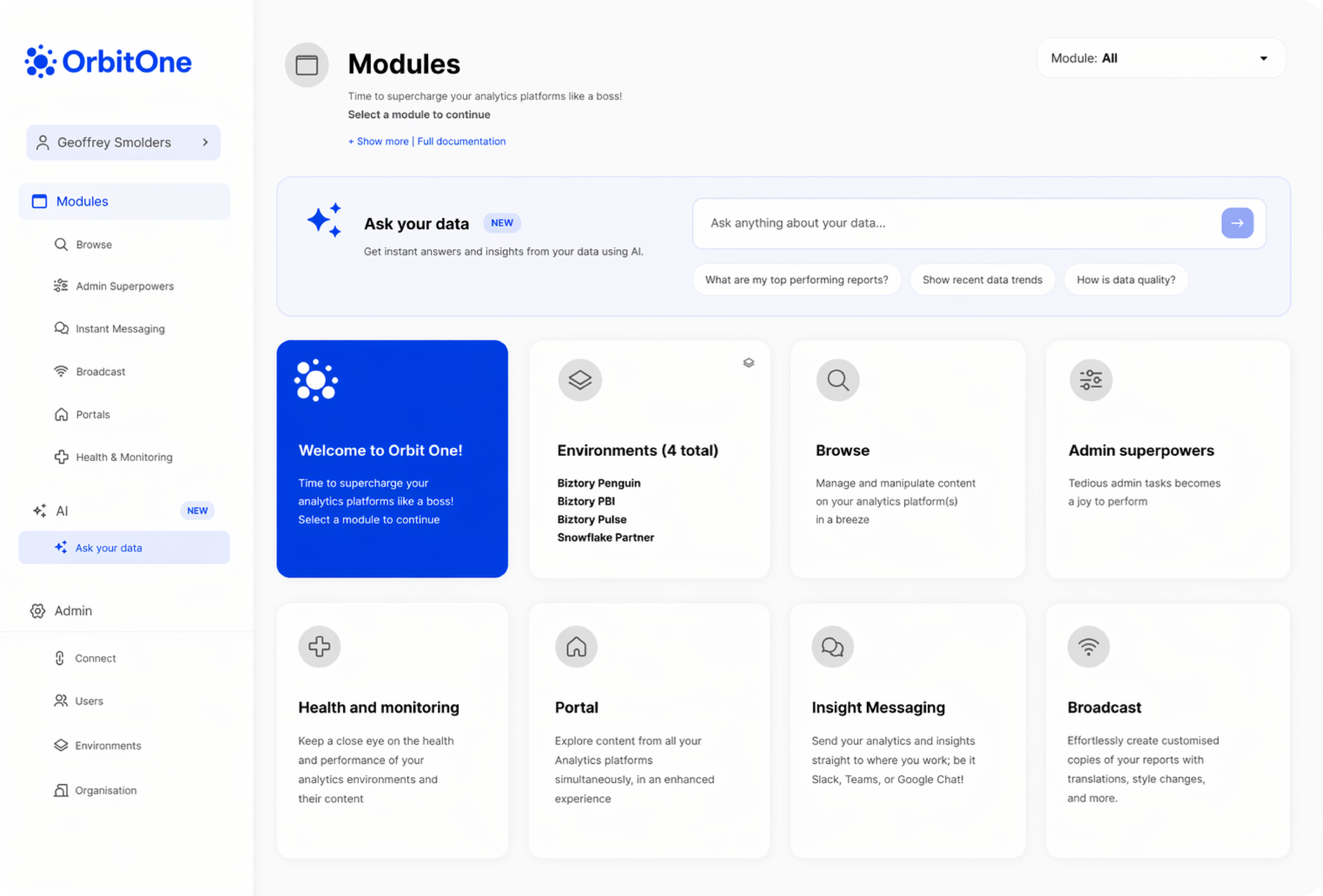 Orbit One analytics hub interface