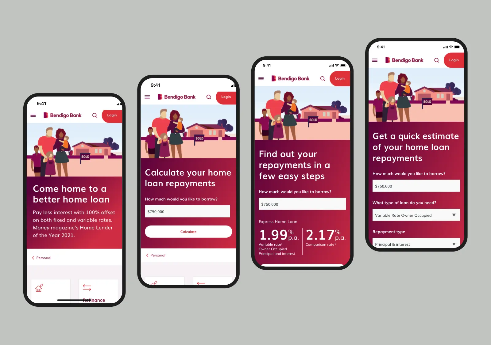 Collection of mobile screens with different concepts of the home loan screen