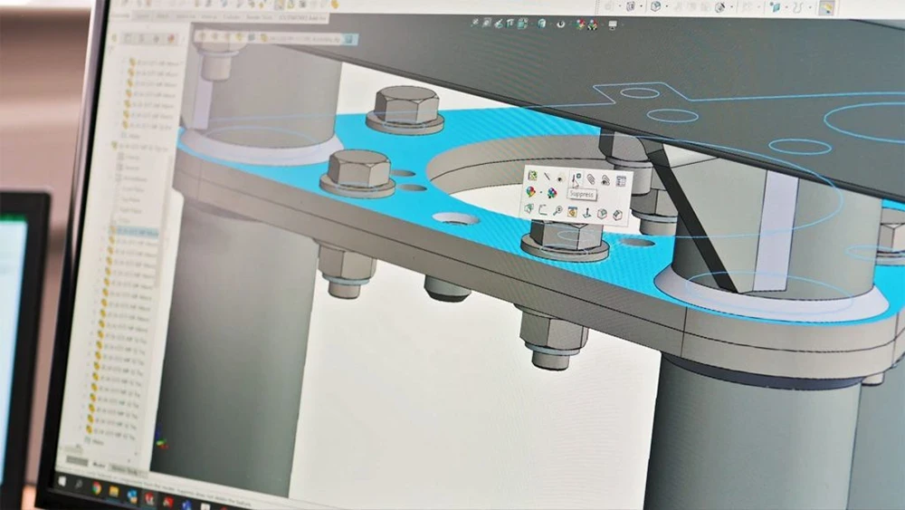 Close-up of a 3D CAD model showing a bolted structural connection.