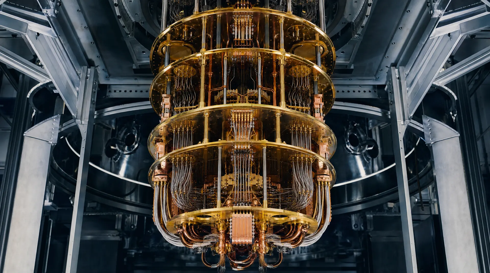 Gilded quantum device assembly suspended in a clean lab, signaling deep tech marketing credibility.