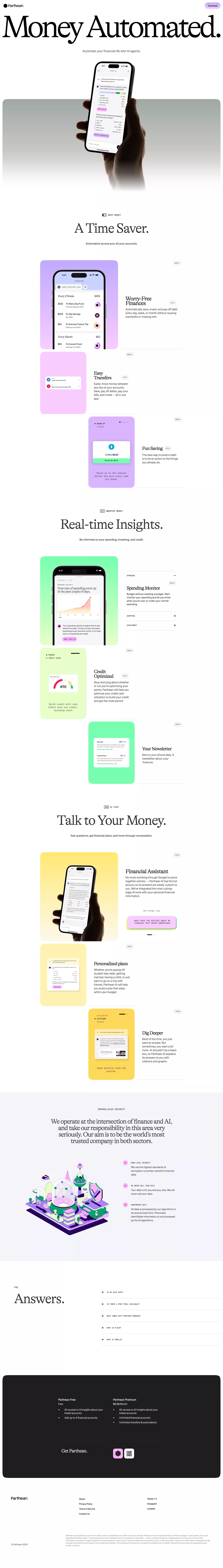 Money Automated - Parthean landing page screenshot showcasing Tech and Finance design
