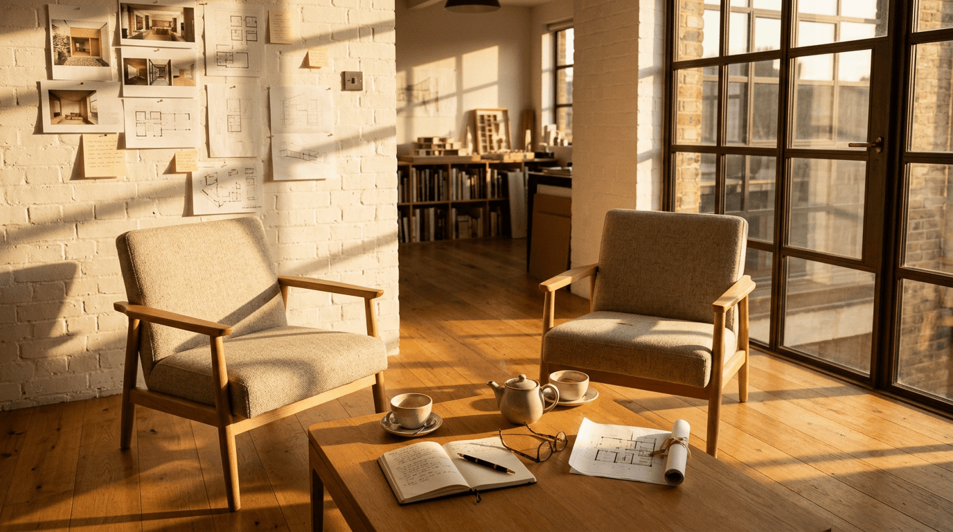Two lounge chairs and a low oak table after a long studio      consultation in dramatic afternoon light.
