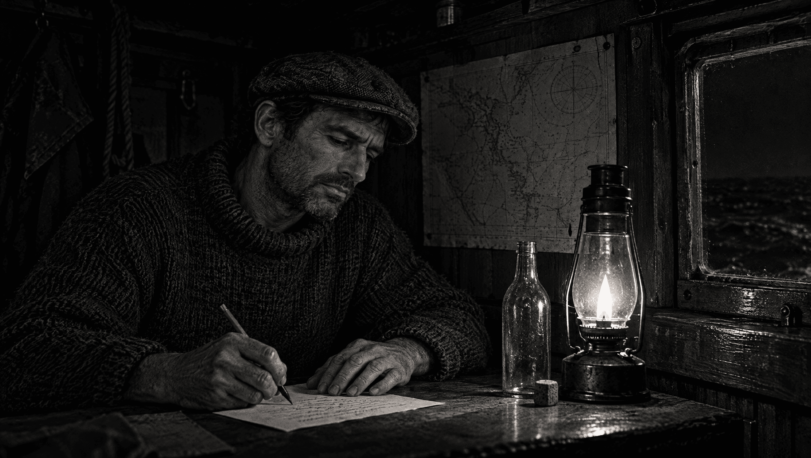 A fisherman writing a letter by oil lamp in a boat cabin, an empty bottle beside the paper