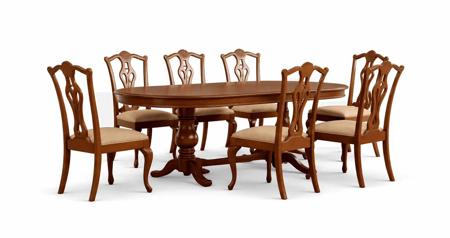 Round wooden dining table with carved pedestal base and matching wooden chairs