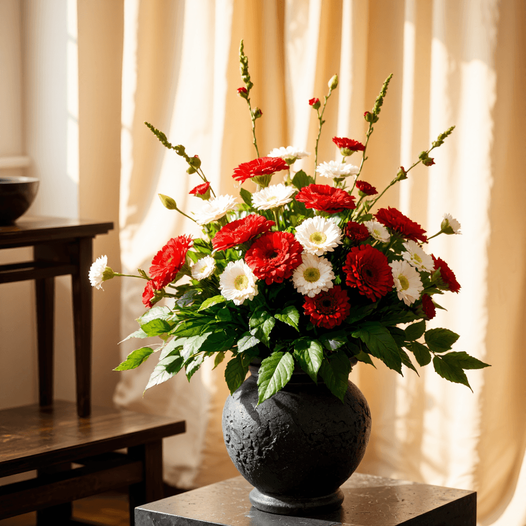 product photography of a decorative flower arrangement in a pot
