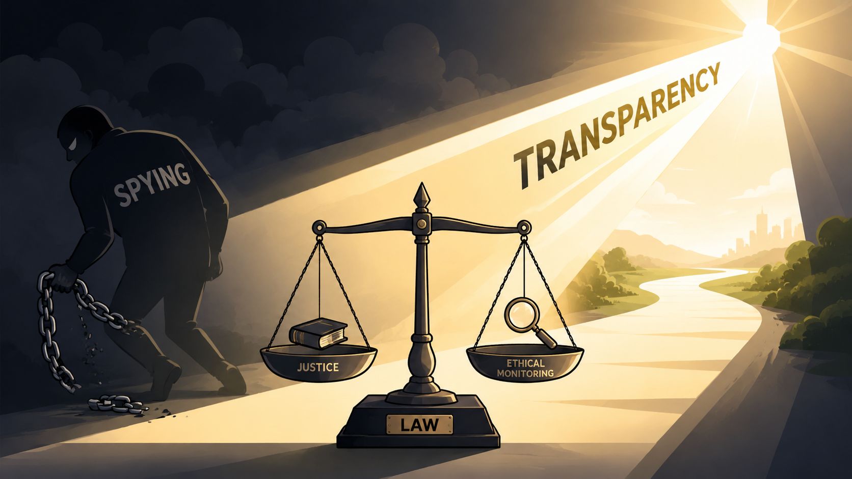 A conceptual illustration showing a spy breaking chains in the light of transparency under the law.