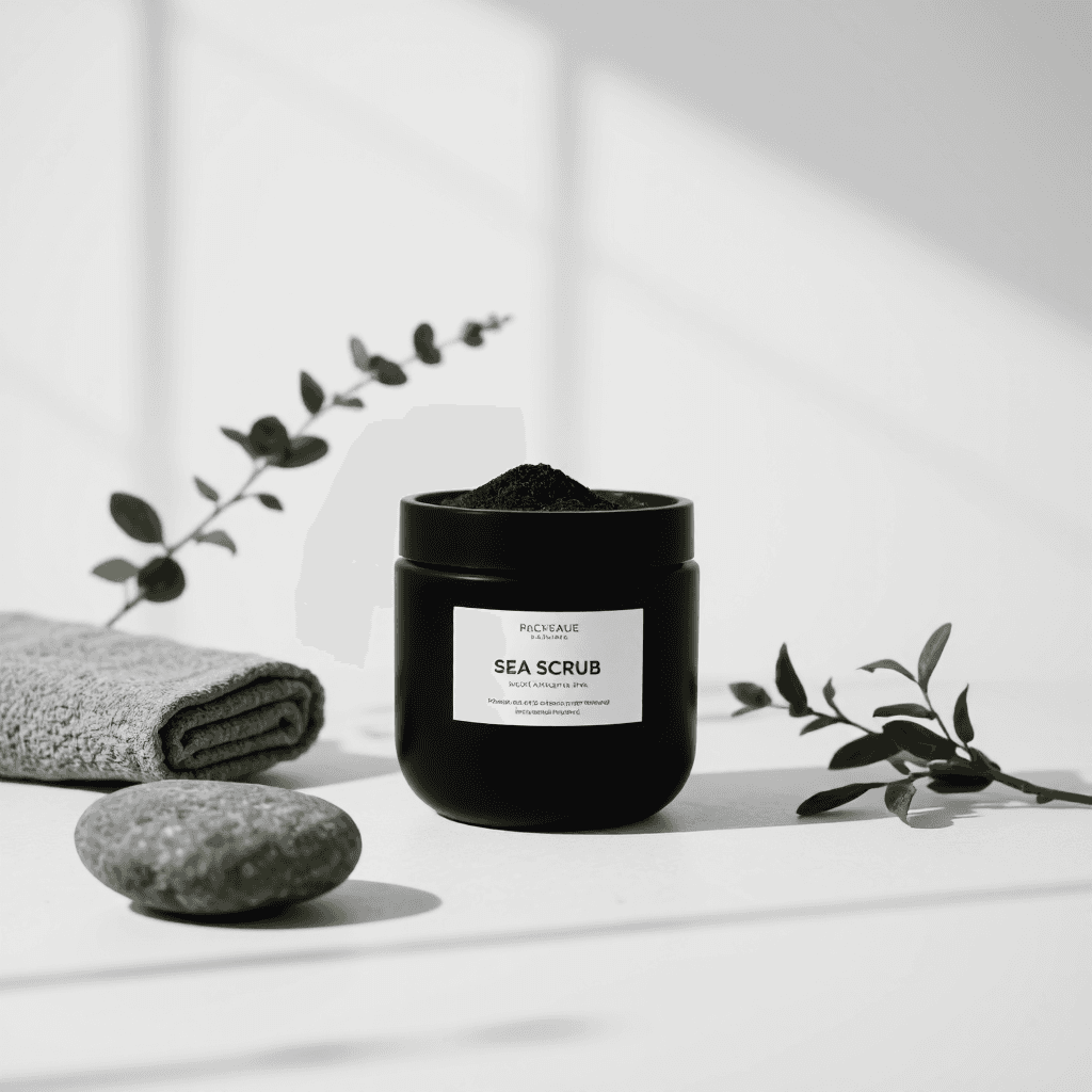 product photography of a jar of sea scrub for spa therapy