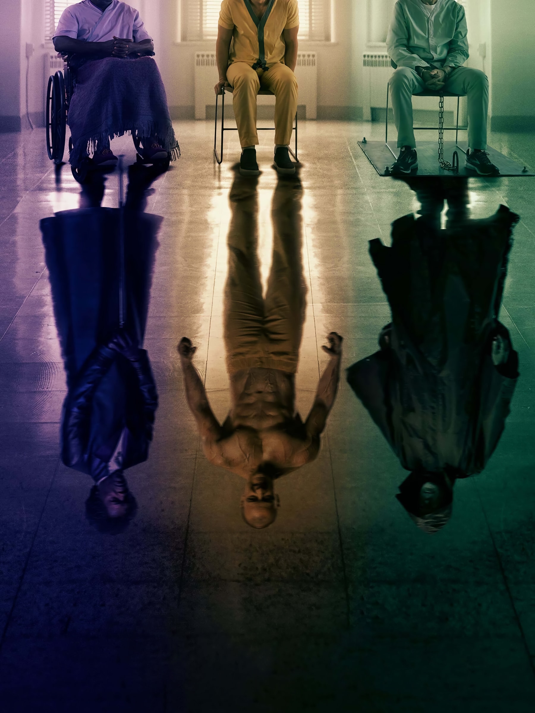 Movie poster for “Glass” showing three men seated with different reflected identities on the floor.