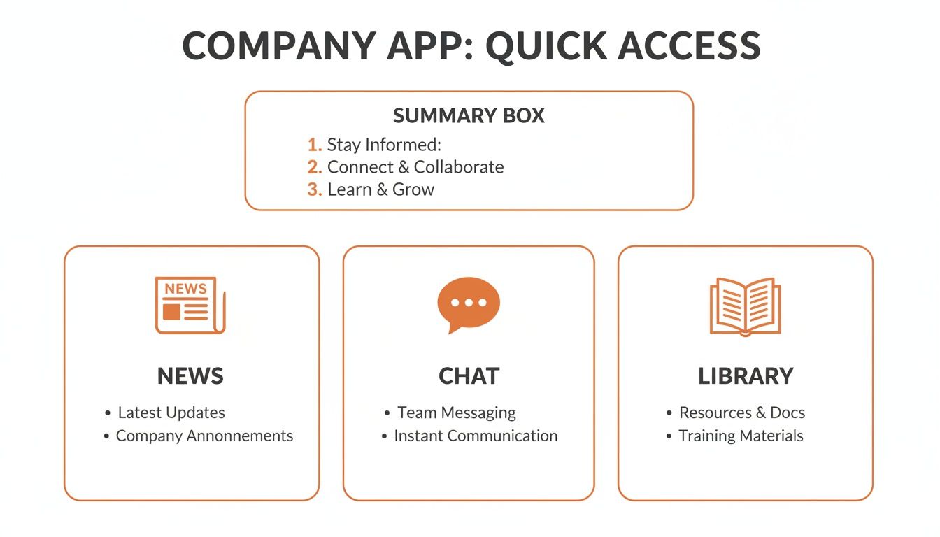 A diagram showcasing a company app's quick access features: News, Chat, and Library, for internal communication and collaboration.