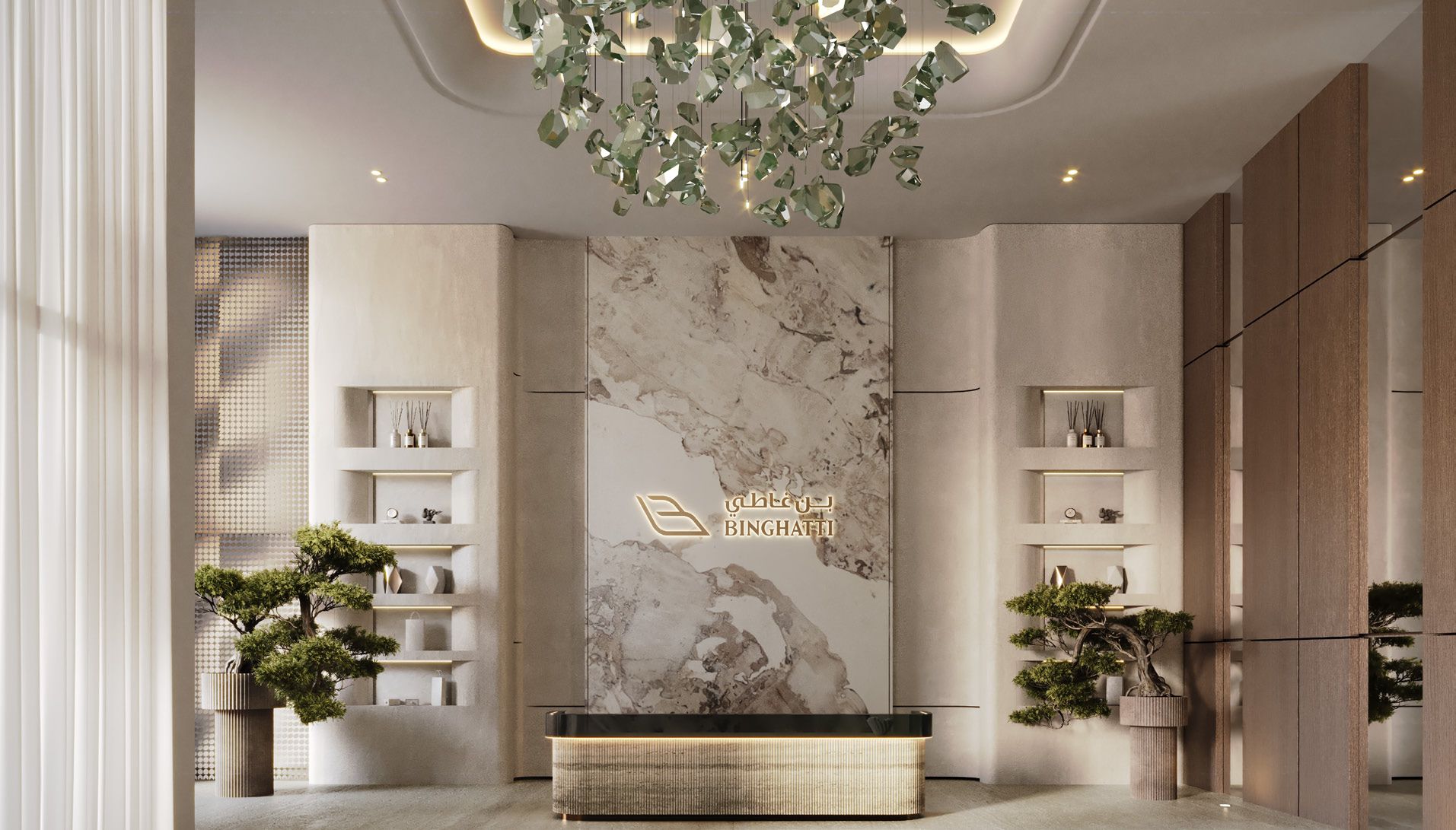 Modern Binghatti branding in the building lobby. Trust our agents for official Binghatti Hillside listings.