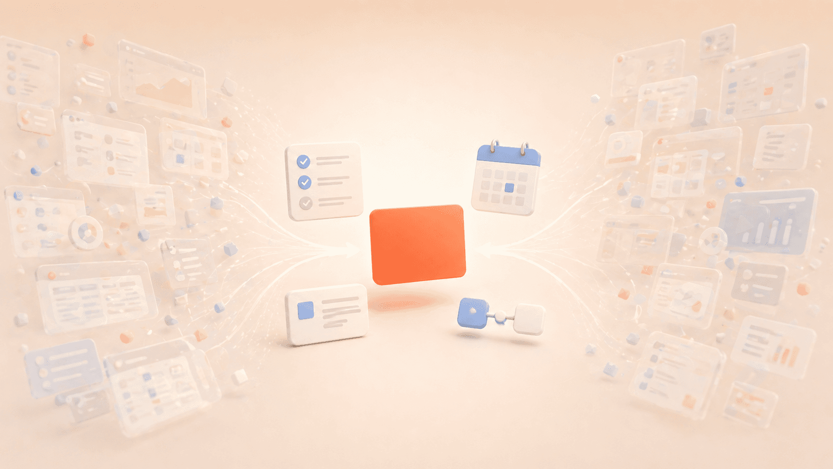 Minimalistische 3D-Illustration mit einer schwebenden korallfarbenen Fokuskarte im Zentrum, umgeben von wenigen klar strukturierten Elementen wie Checkliste, Kalender und Verbindungsmodul. Von beiden Seiten driften zahlreiche halbtransparente App-Fenster, Dashboards und Interface-Karten in Richtung Mitte, während sie im warmen cremebeigen Hintergrund verblassen und den Übergang von Tool-Overload zu einem fokussierten, reduzierten System darstellen.