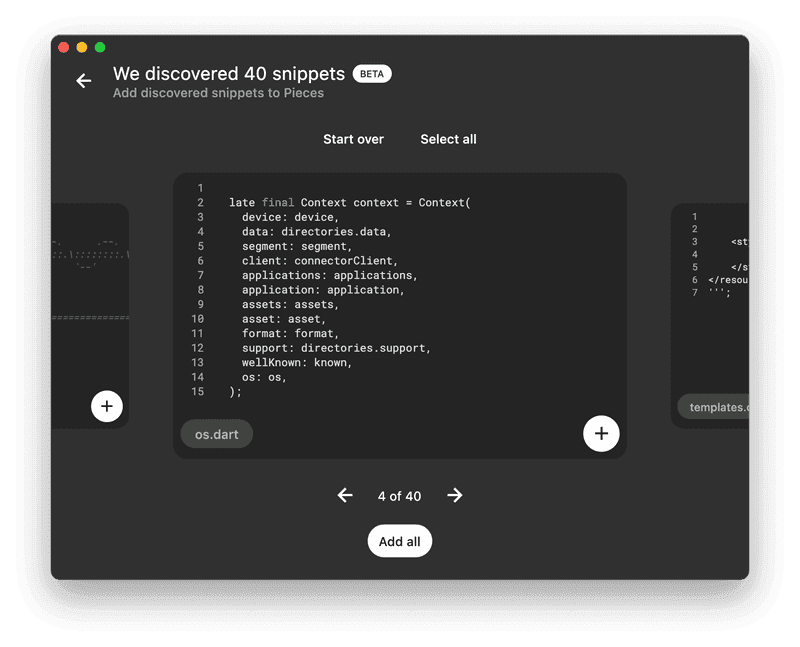 The 40 snippets that Pieces discovered in the file.