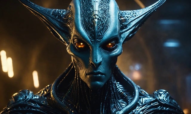 A face portrait of a  blue alien man with pointy ears and big dark eyes