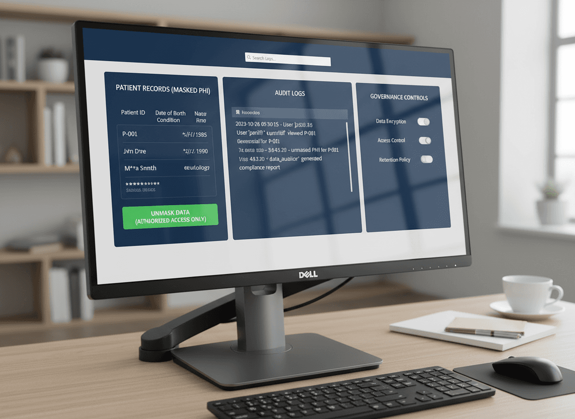 “Life science data security and compliance dashboard showing protected patient information, encrypted records, and audit logging.”