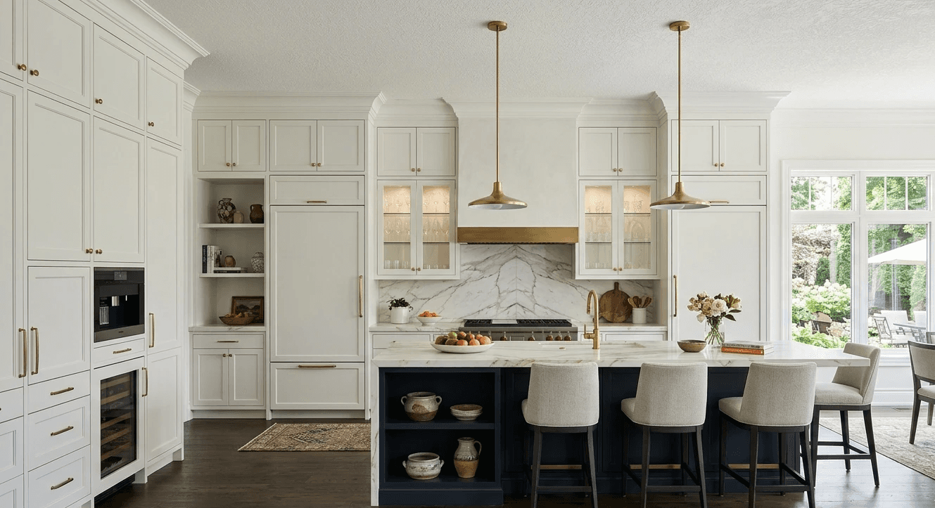 a modern kitchen with stainless steel appliances and marble counter tops