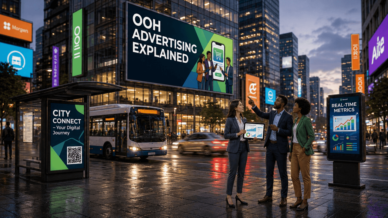 City street scene with billboards, transit ads, and digital public screens illustrating out-of-home advertising formats and real-time visibility in an urban environment.