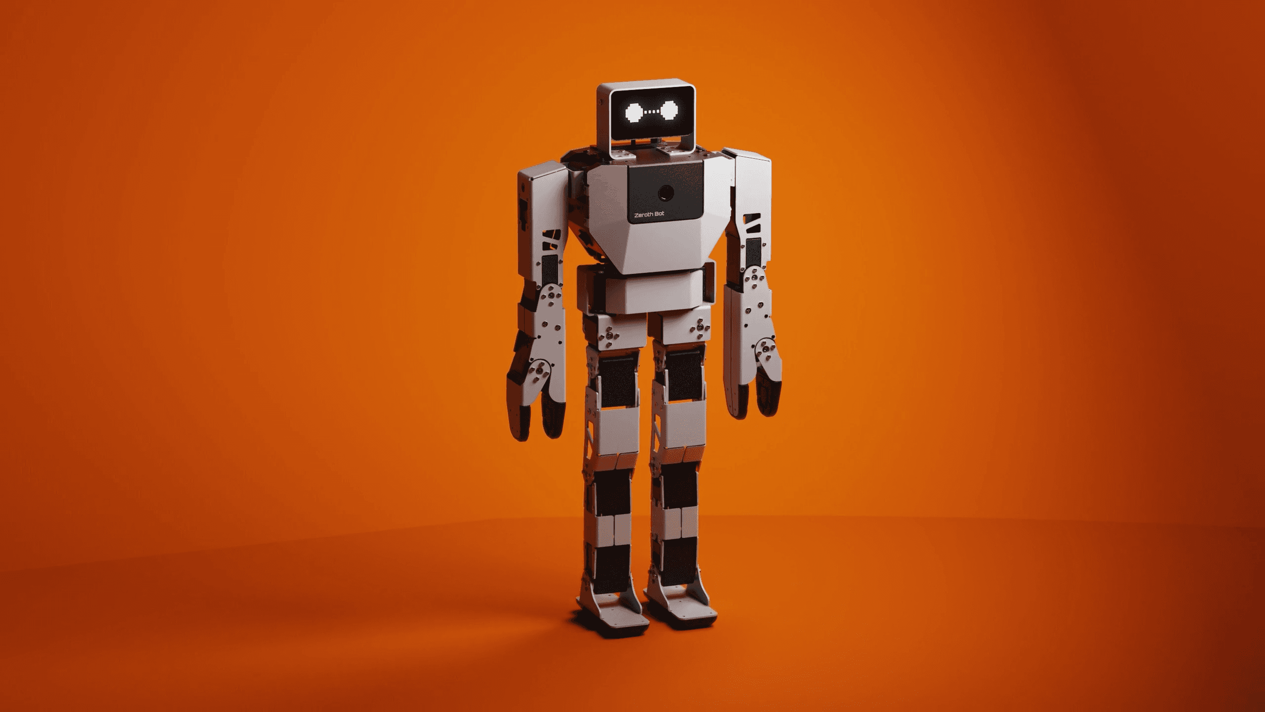 A retro-style robot with a rectangular head and mechanical limbs stands upright against a vibrant orange background.