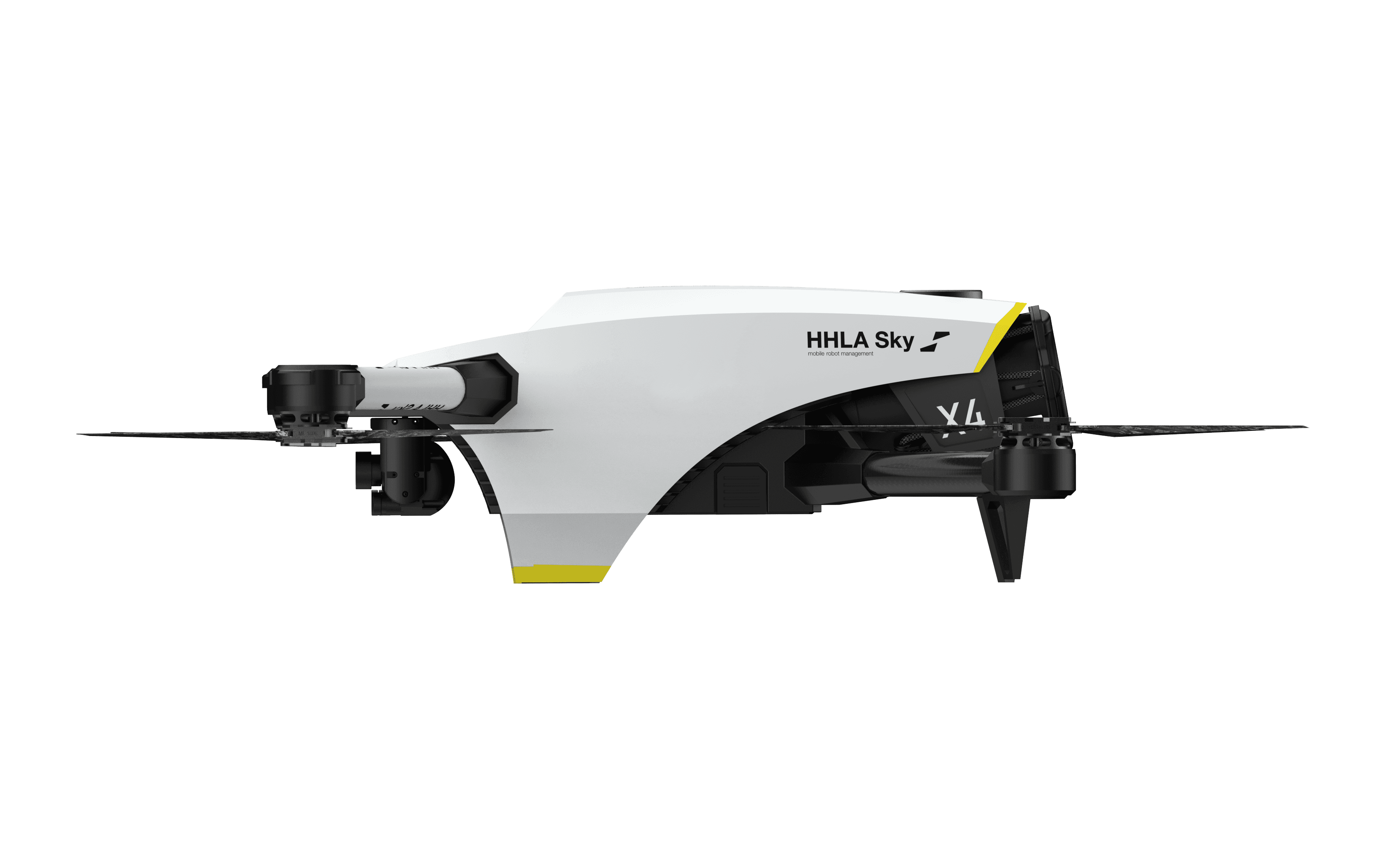 AFRD X4 drone side view showing aerodynamic body and rotor layout, designed for robust field operation.