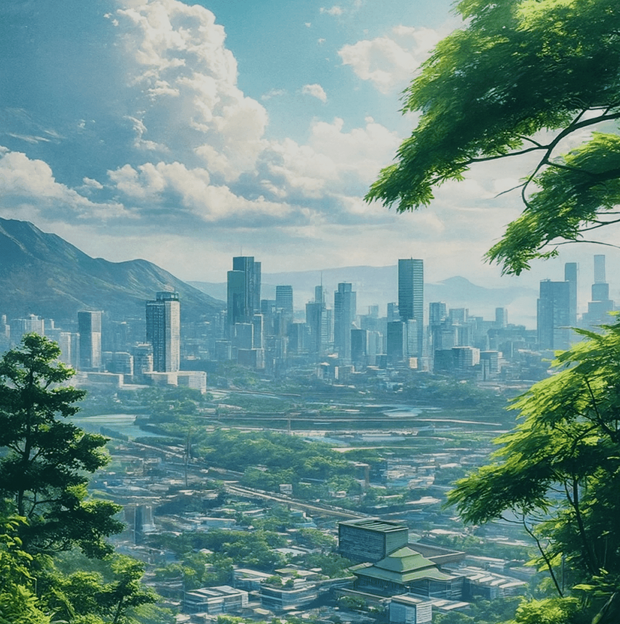 Urban skyline with lush trees in the foreground and majestic mountains visible in the distance.