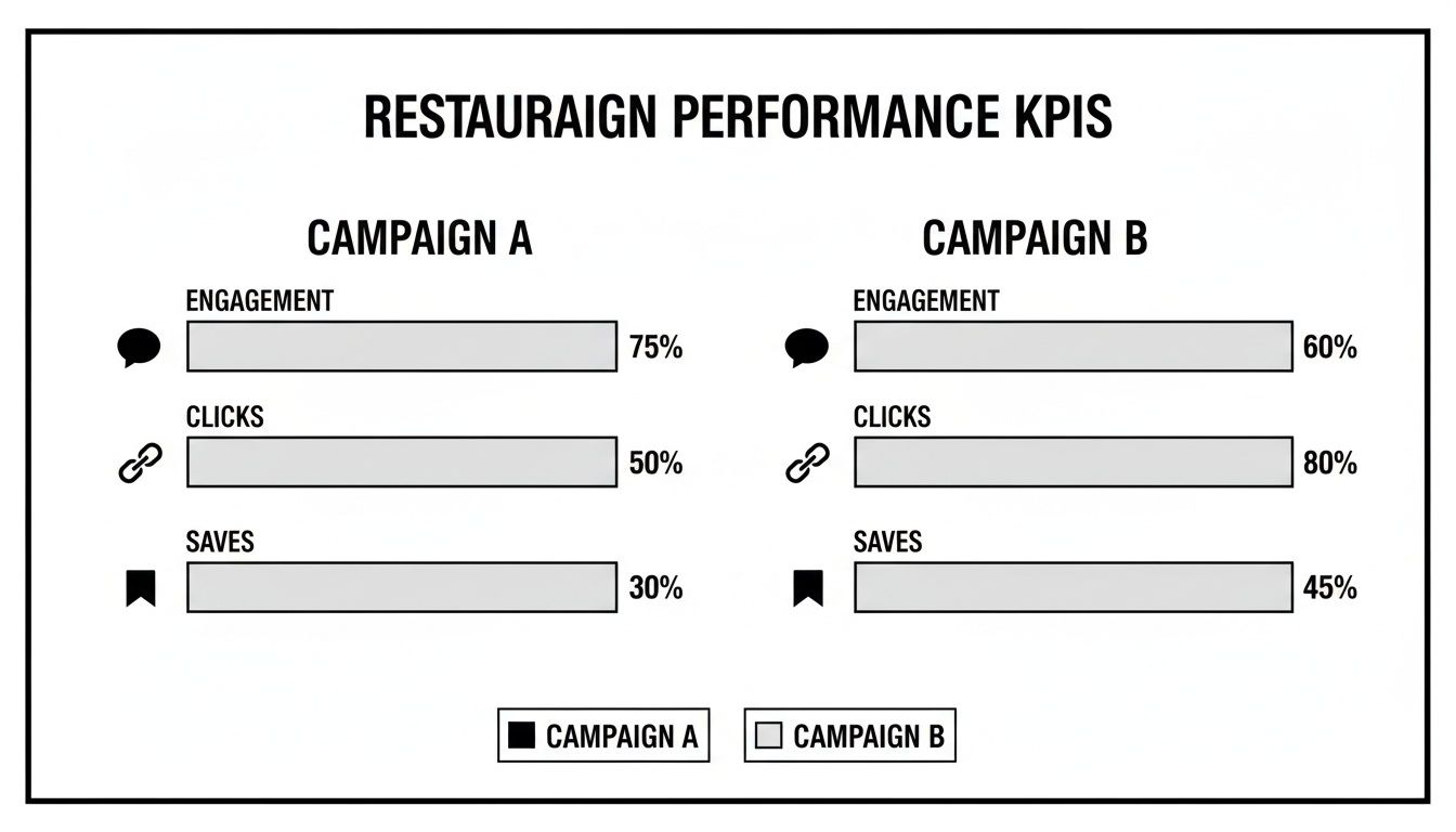Bar chart comparing restaurant campaign performance KPIs: engagement, clicks, and saves for A and B.