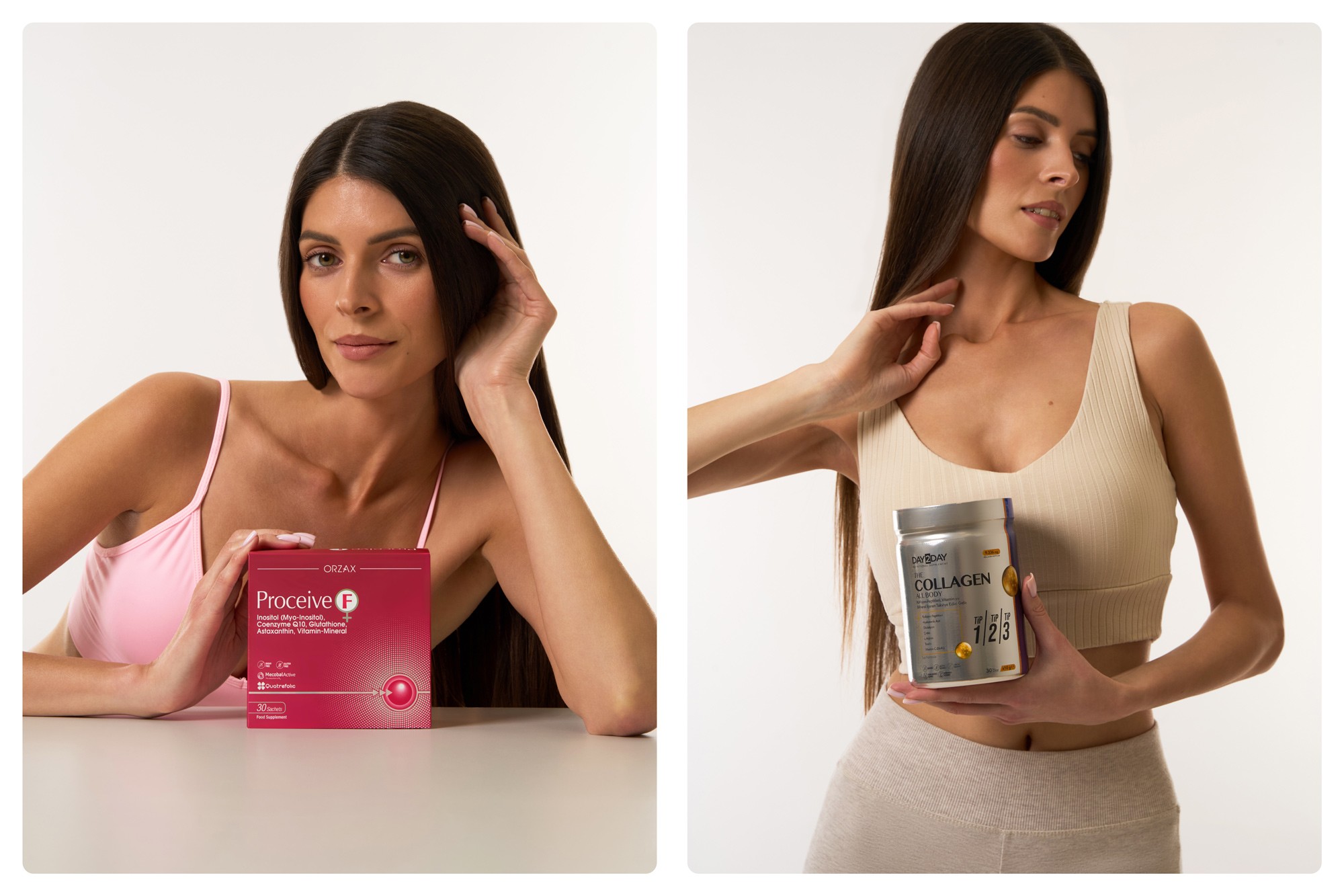 Produktu fotogrāfija ar modeli studijā, case study piemērs uztura bagātinātāju reklāmas attēliem e-komercijai