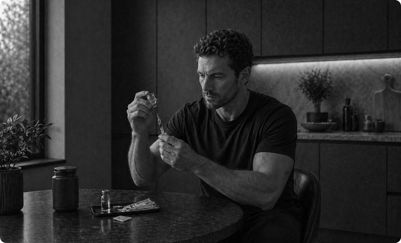 Man preparing an injectable at a kitchen table