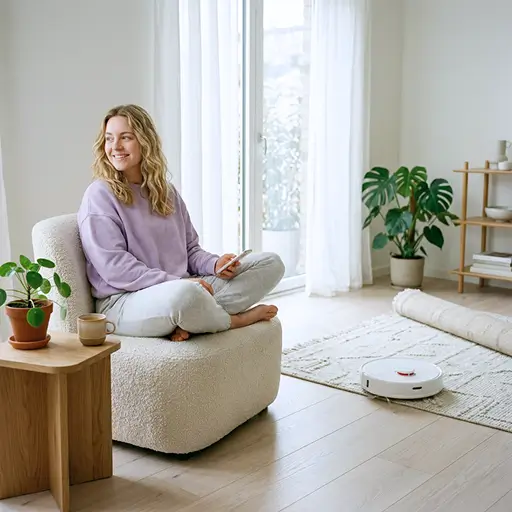 A woman relaxes on a lounge chair with her phone while a robot vacuum cleans the floor, using Whisprice to group and track different categories from her Amazon wishlist.