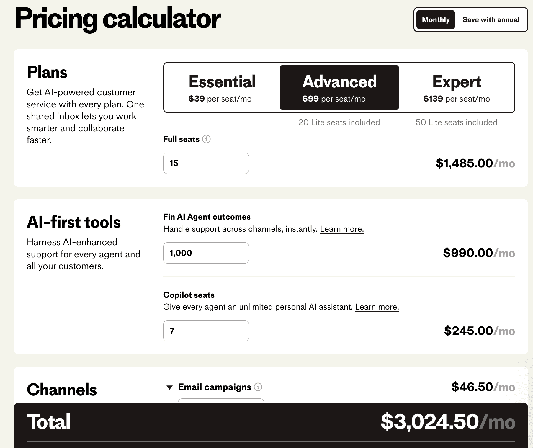 pricing calculator intercom
