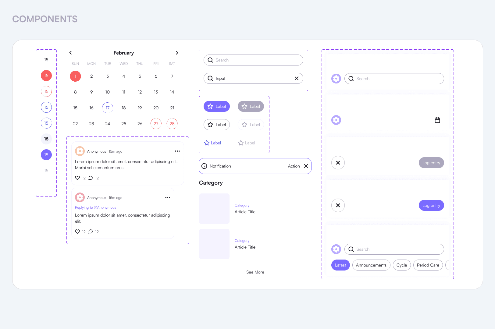 Selected UI components from the Eve design system including cycle tracking cards, symptom tags, buttons, navigation, and community interaction elements.