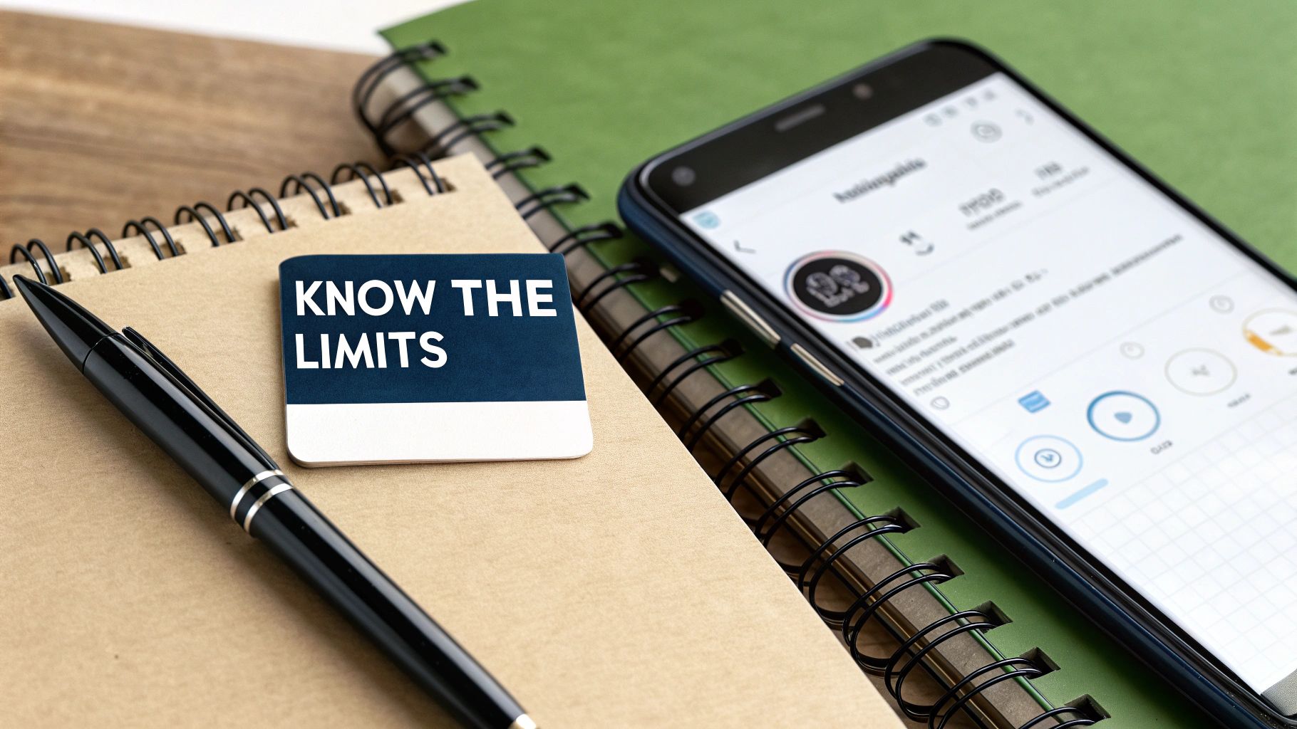A blue note reading 'KNOW THE LIMITS' on a notebook with a pen and a smartphone displaying an Instagram profile.