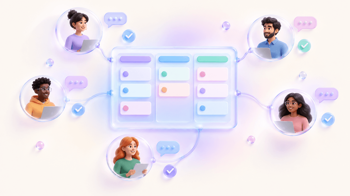 Marketing team collaborating around a shared task board in a workflow app