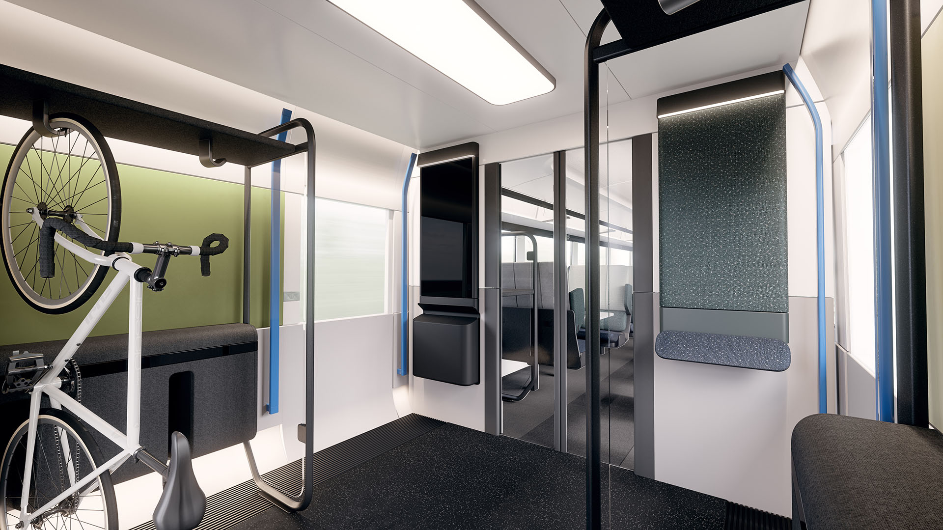 3D render showing design concept for the bike compartment of HS2 train