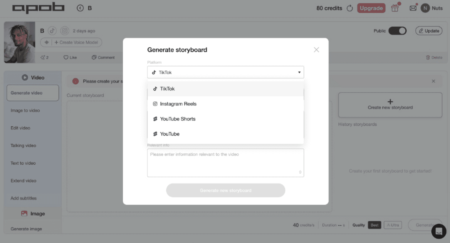 APOB AI platform configuration modal for generating a new storyboard layout. The overlay features a platform selection dropdown menu displaying social media channel options including TikTok, Instagram Reels, YouTube Shorts, and YouTube alongside an empty text field for inputting relevant video script information
