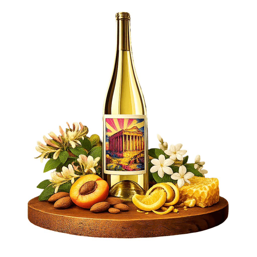 Artistic label and flavor profile for Lebanese White Blend on a rustic wooden table.