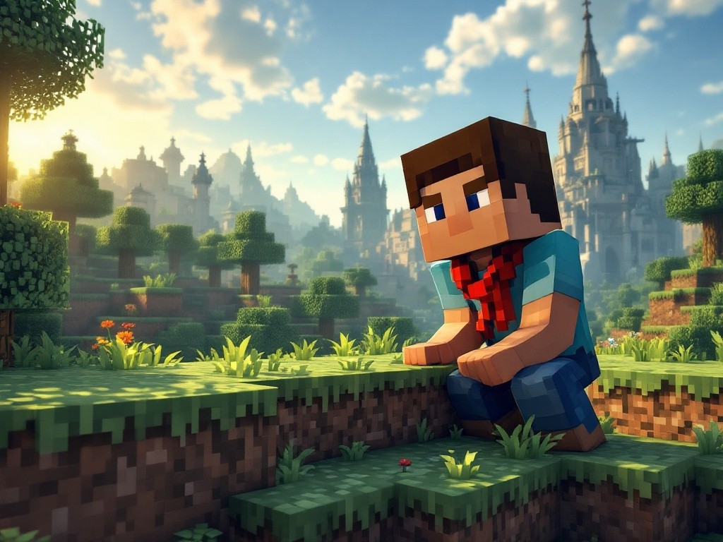 A Minecraft character sits on a grassy hill overlooking a large castle in the background.