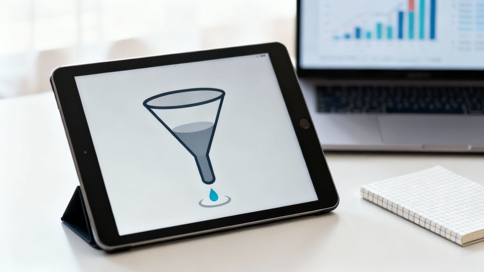 Magnifying glass over a sales funnel chart, indicating an audit.