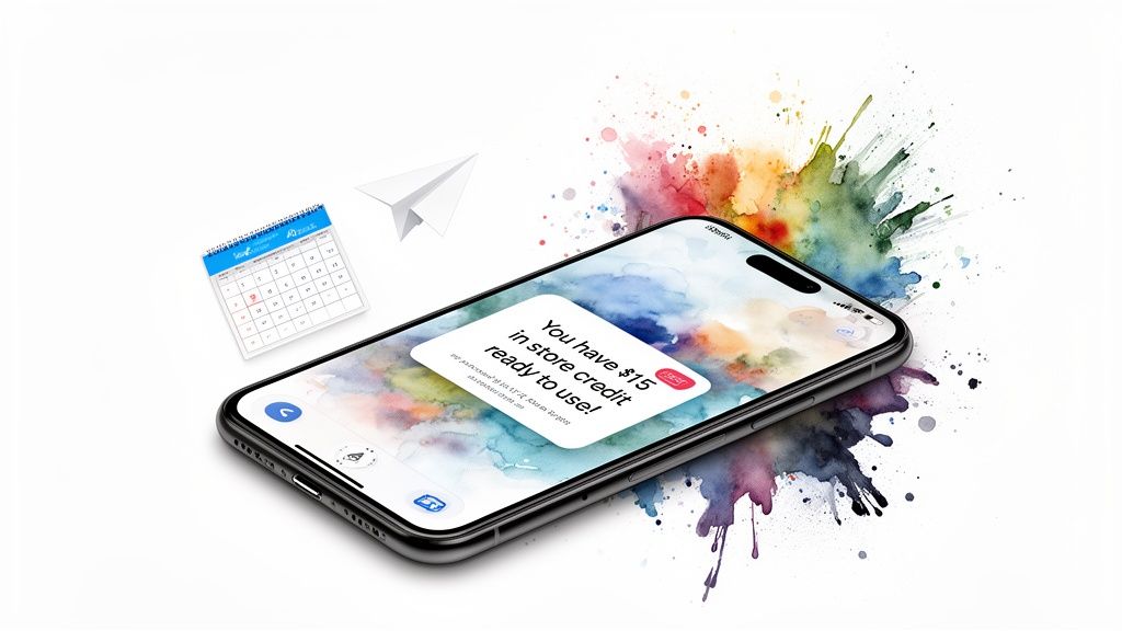 A smartphone displaying a 'You have $15 in store credit' message, with a calendar and paper airplane, on a colorful watercolor background.