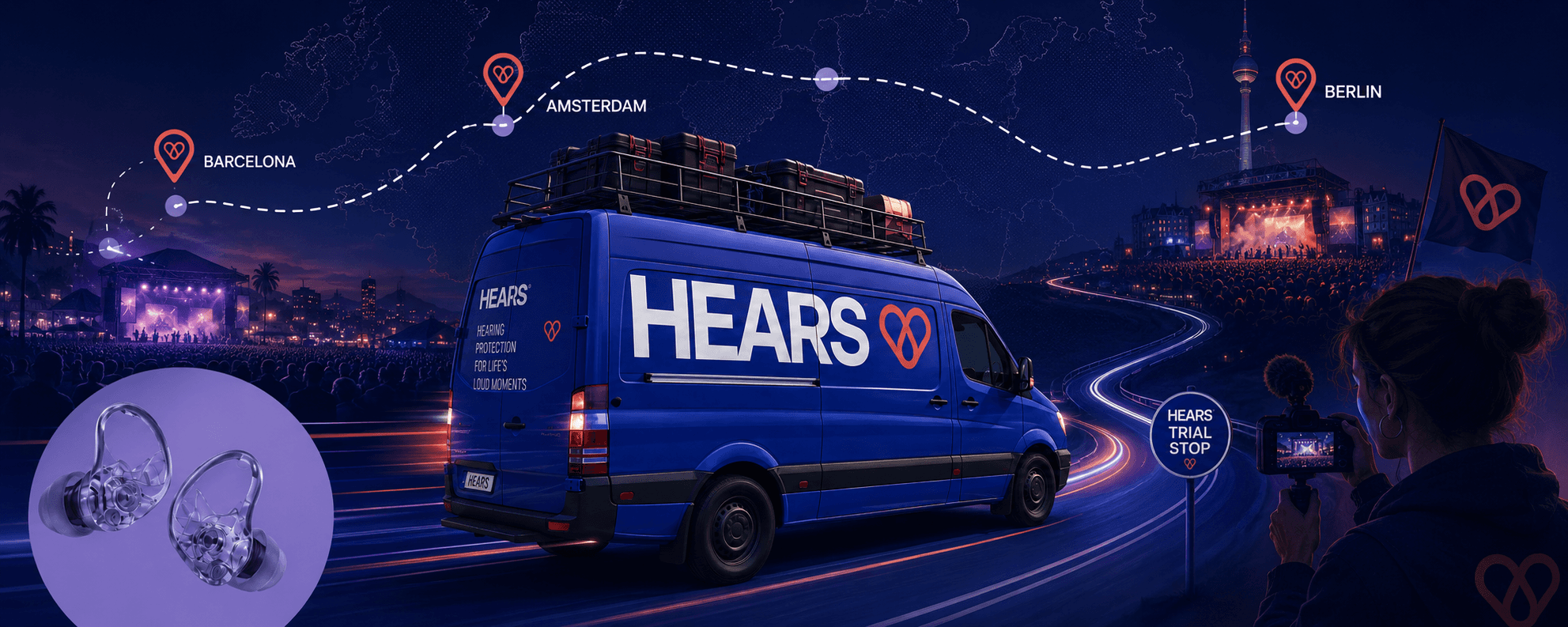Campaign visualisation of a proposed HEARS festival vehicle; locations are illustrative.