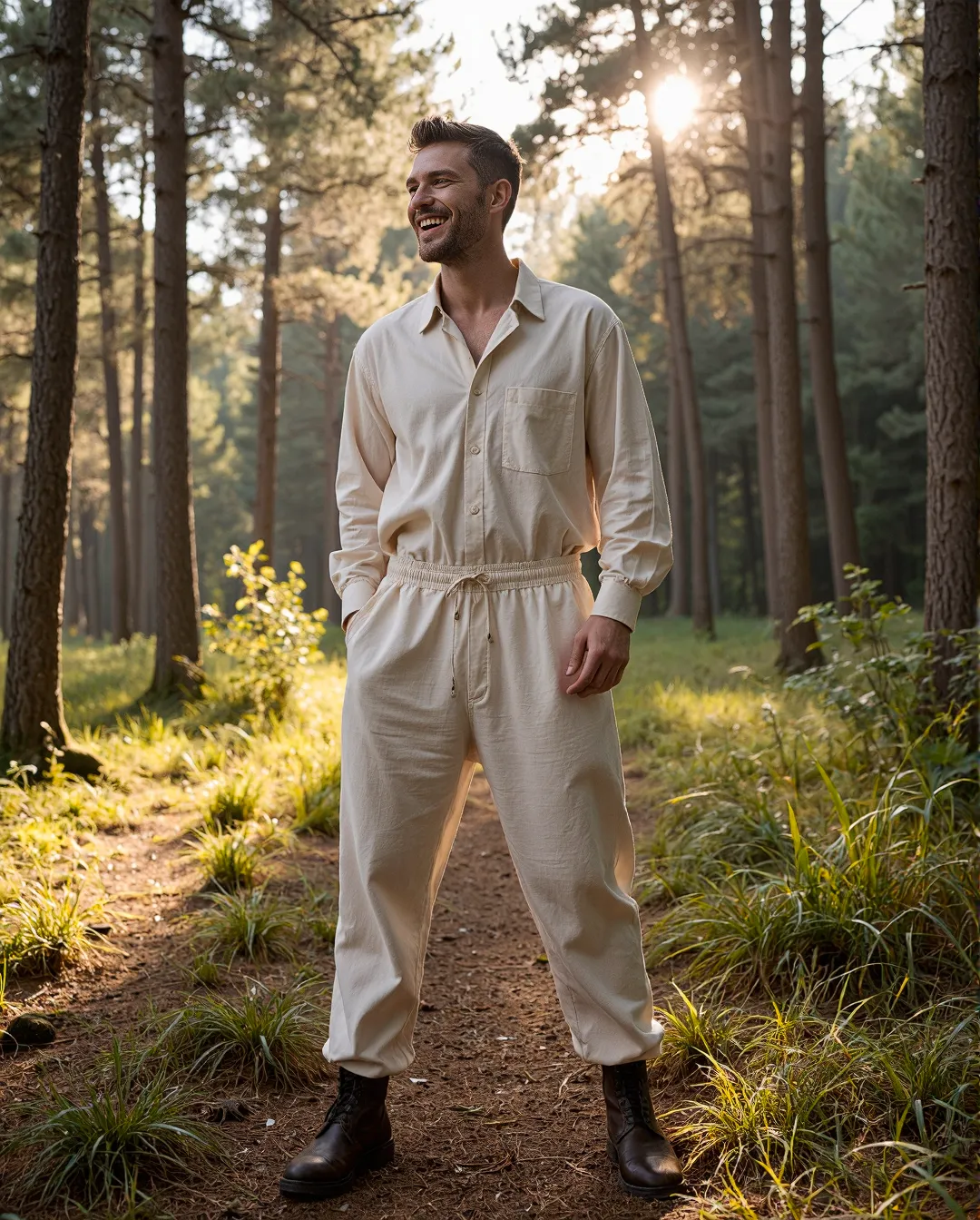 A person in cream-colored outfit standing on a forest path with sunlight filtering through pine trees during golden hour