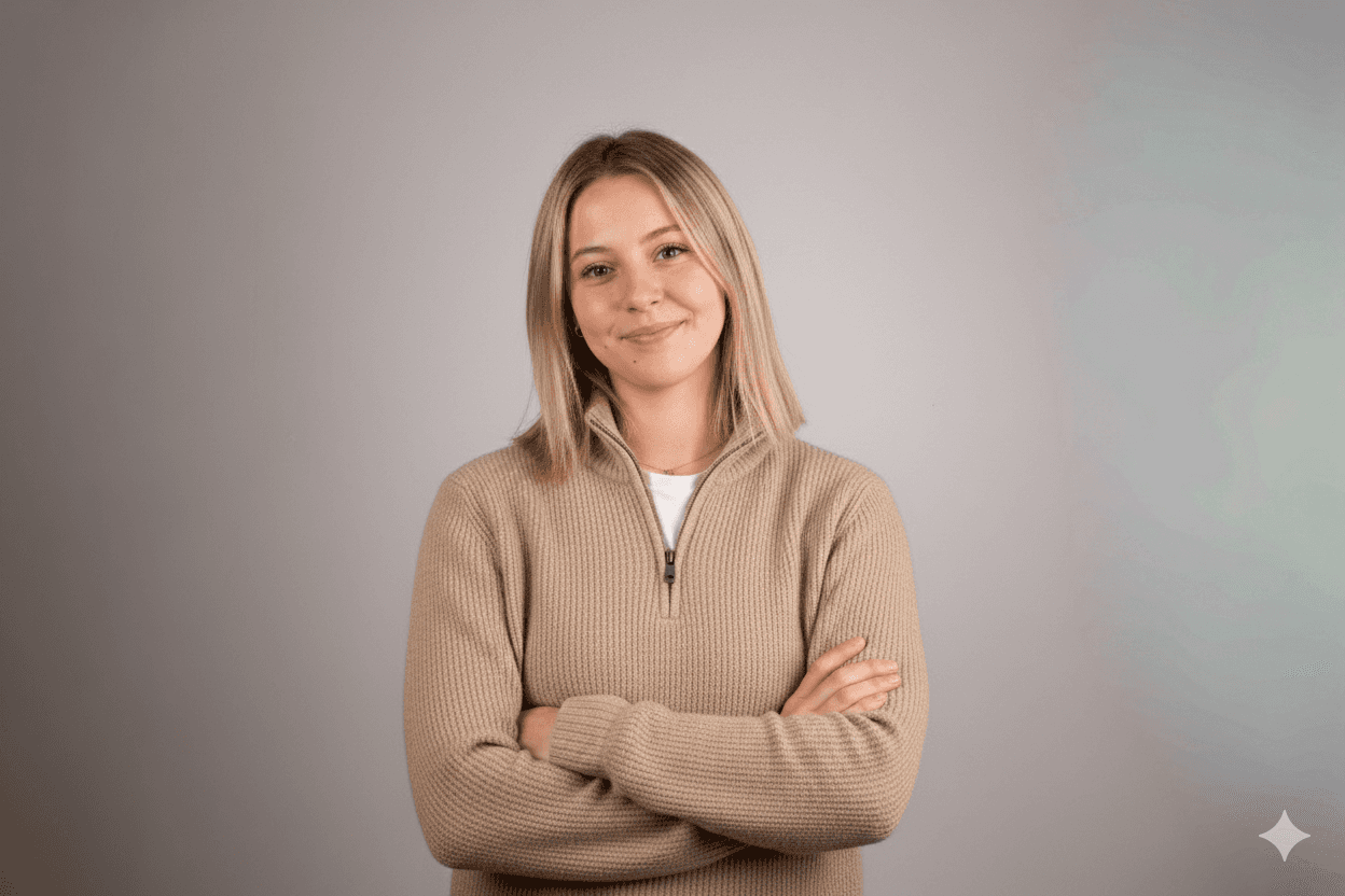 Portrait of a person in a pink sweater against a light background