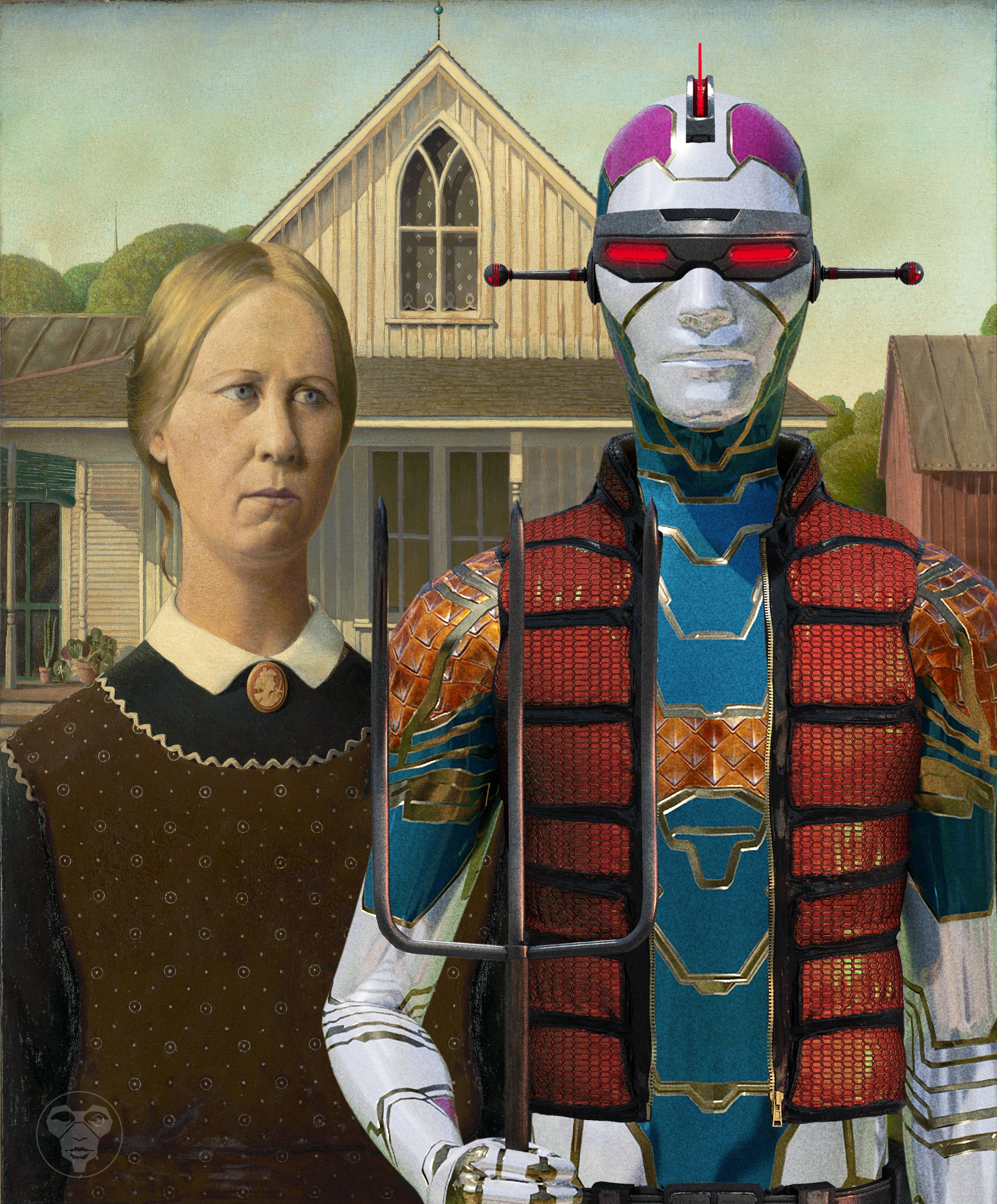 old women with robot in front of house