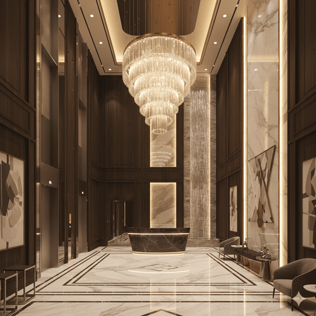 Grand high-ceiling luxury lobby with modern designer interiors