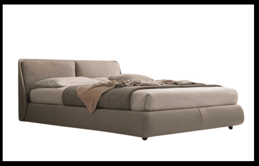 Taupe low-profile bed with seamless minimalist silhouette.