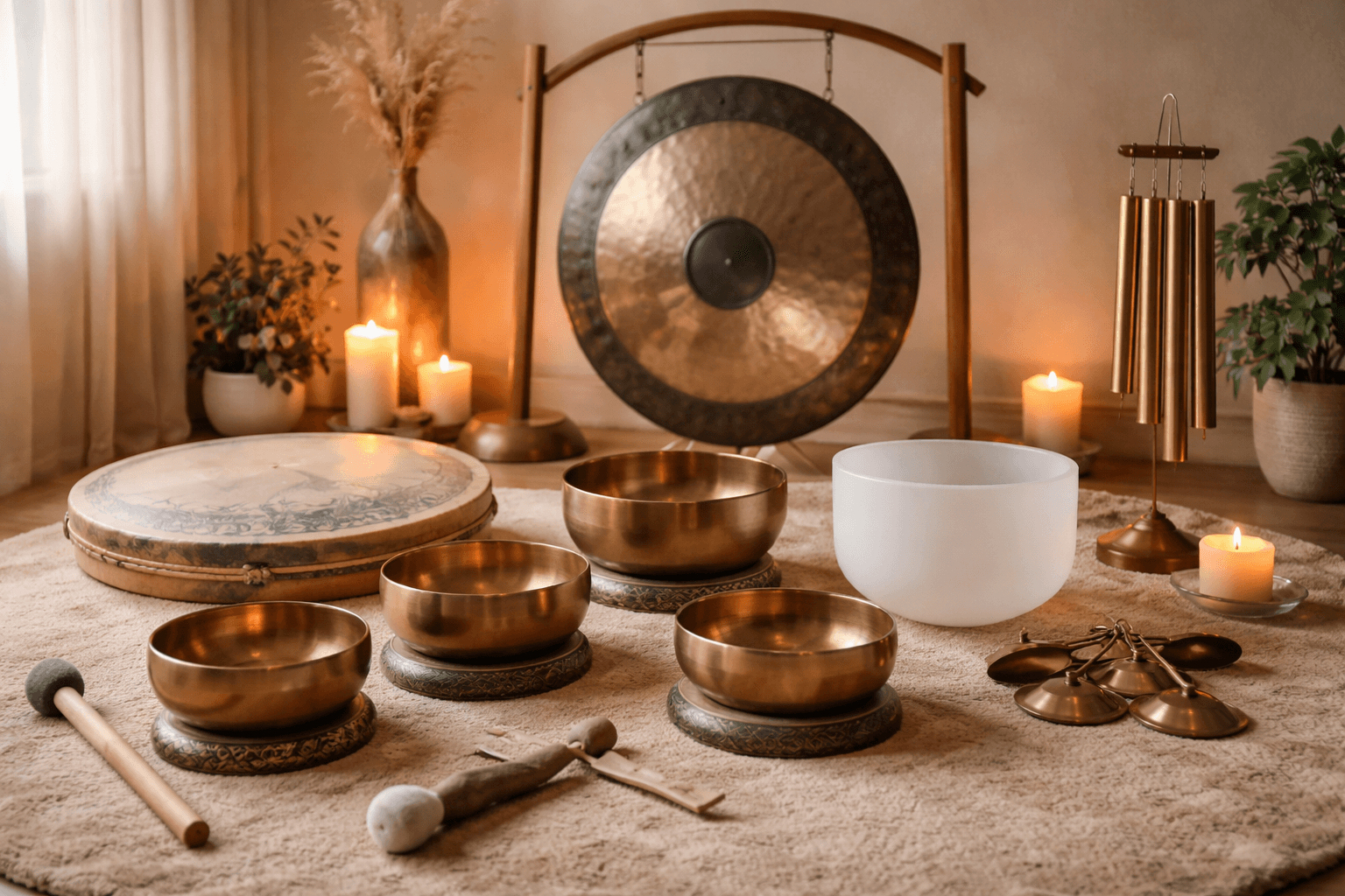 A circle of people sitting cross-legged, meditating with hands in a prayer position. Soft, warm lighting.