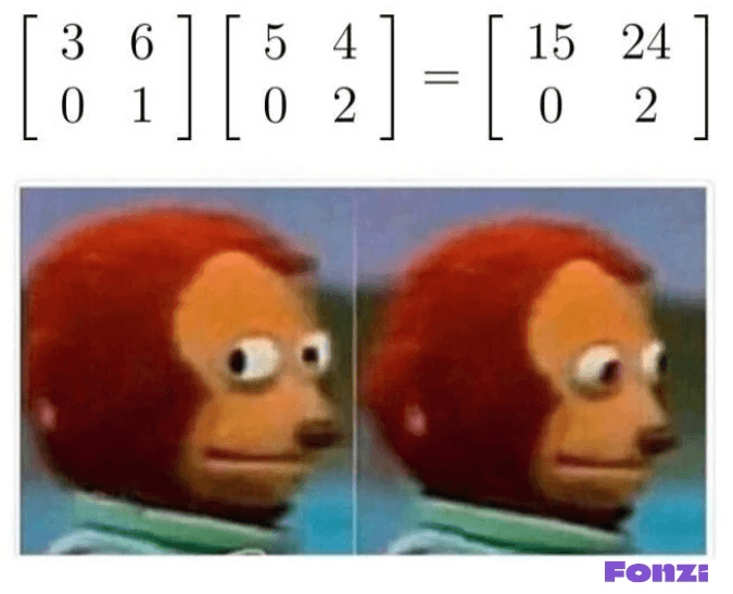 Meme featuring matrix multiplication with a surprised puppet reaction.